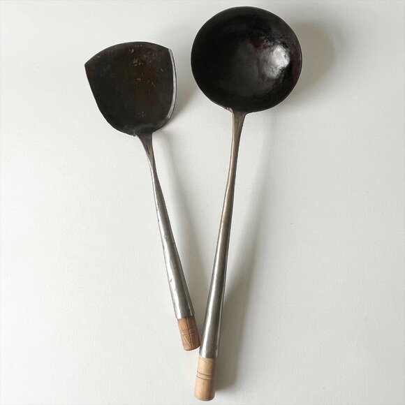 Vintage Primitive Handmade Hammered Metal Ladle Spoon 14.5" and Spatula 12" - Picture 1 of 5